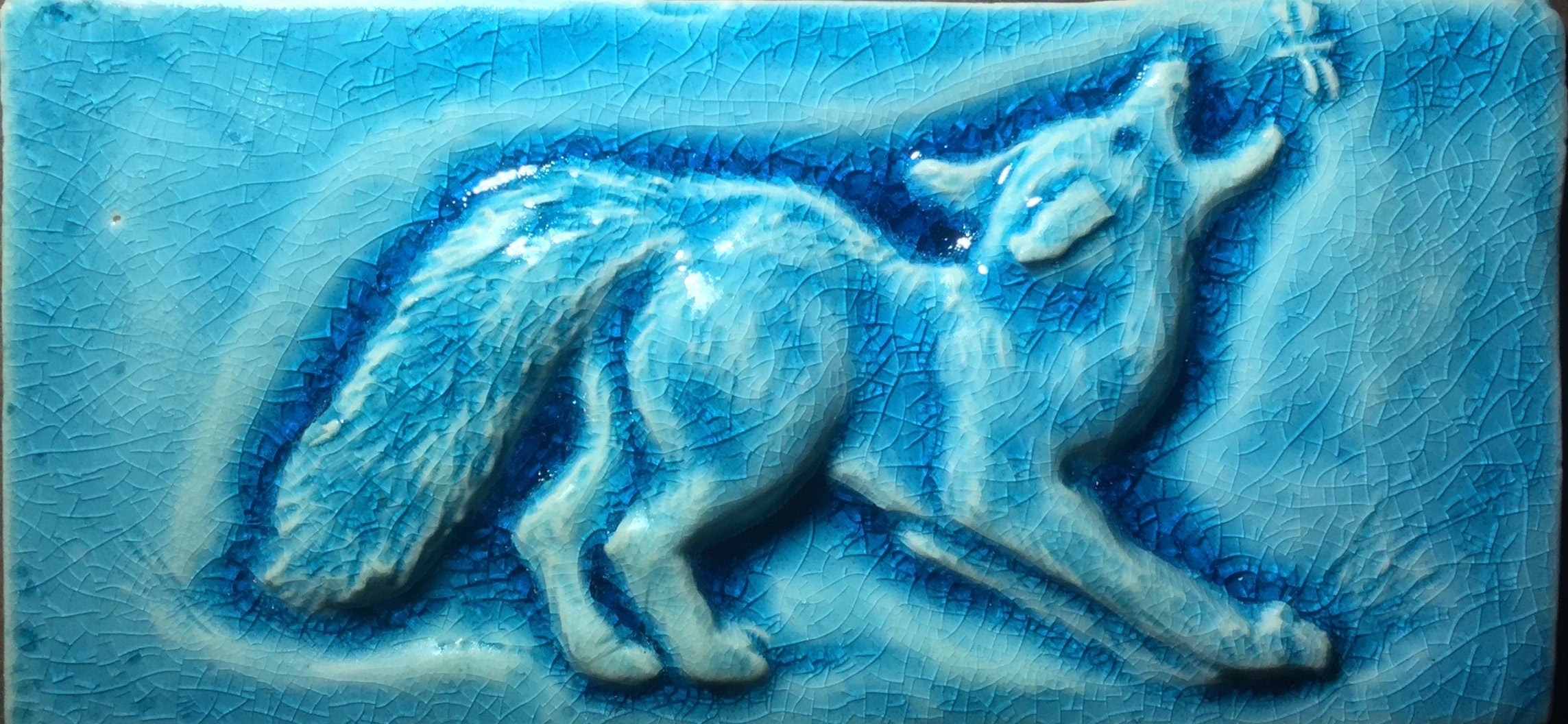 Playful fox ceramic subway tiles. Set of three in Crackle blue glaze