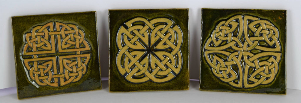 Celtic knot (Vine) ceramic bas relief tile in moss green glaze