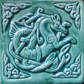 Handmade Celtic Seahorse ceramic bas relief tile in Turquoise  glaze. 6'X6' Right facing