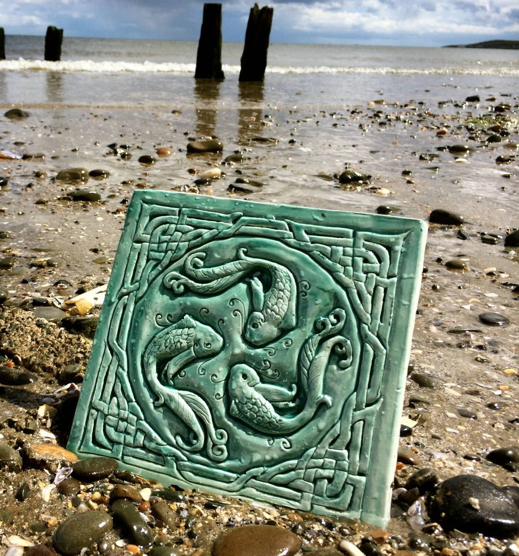 Celtic 'fish of Knowledge' Ceramic bas relief  Tile in turquoise glaze,