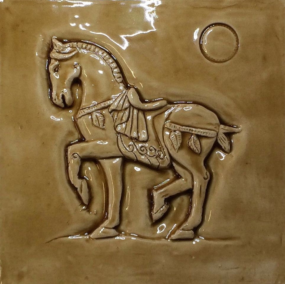 Ceramic bas relief Chinese Warrior Horse in Caramel glaze
