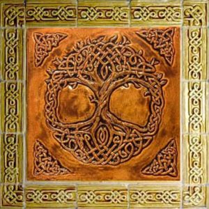 Celtic Tree of Life ceramic backsplash tile with border.